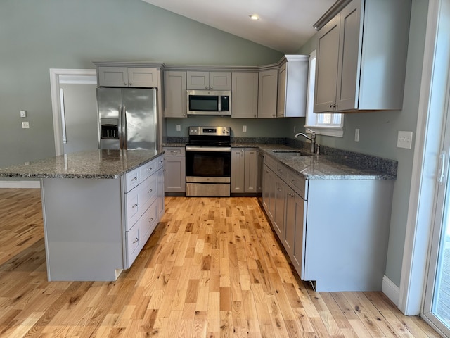 kitchen featuring gray cabinets, stainless steel appliances, and a sink