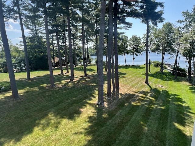 view of home's community featuring a water view and a lawn