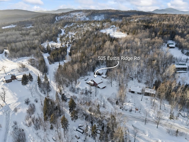 snowy aerial view with a mountain view