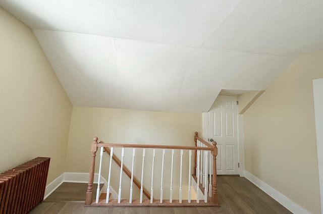 bonus room with lofted ceiling, radiator heating unit, and dark hardwood / wood-style flooring