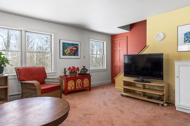 16 Hanna Ln, Bristol, ME 04539 - living area with light colored carpet, a baseboard heating unit, and baseboards