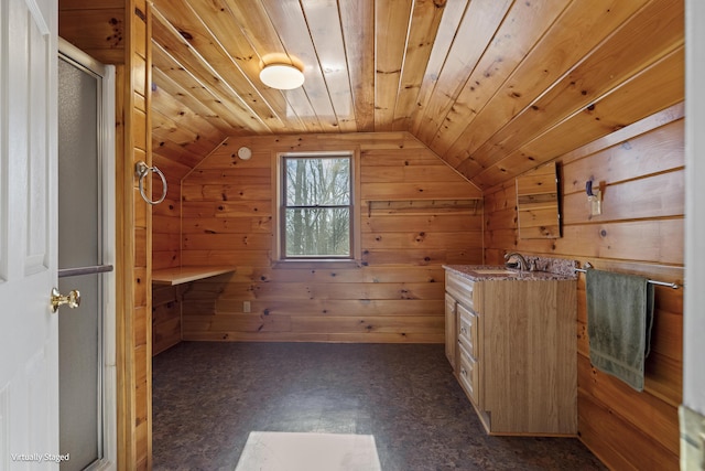 16 Hanna Ln, Bristol, ME 04539 - additional living space featuring lofted ceiling, wood walls, and a sink