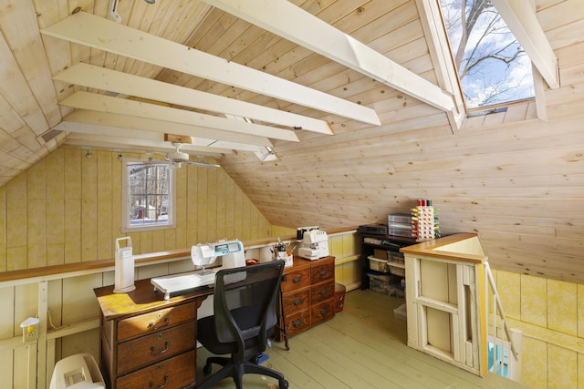 office area featuring wooden walls, lofted ceiling with skylight, wooden ceiling, and light wood-type flooring