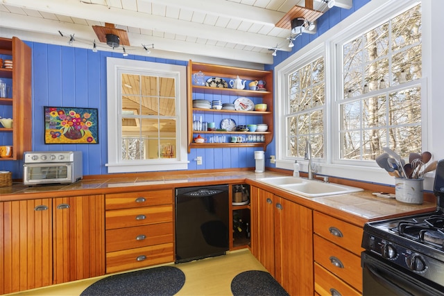 kitchen with sink, tile countertops, light hardwood / wood-style flooring, wooden ceiling, and black appliances