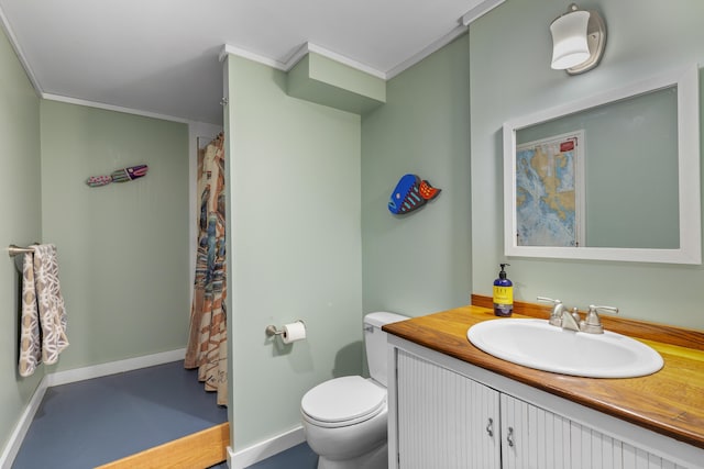 bathroom featuring ornamental molding, toilet, and vanity