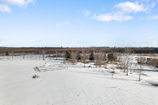 yard covered in snow with a rural view