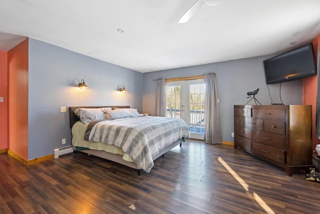 bedroom with a baseboard heating unit, access to outside, dark wood-type flooring, and french doors