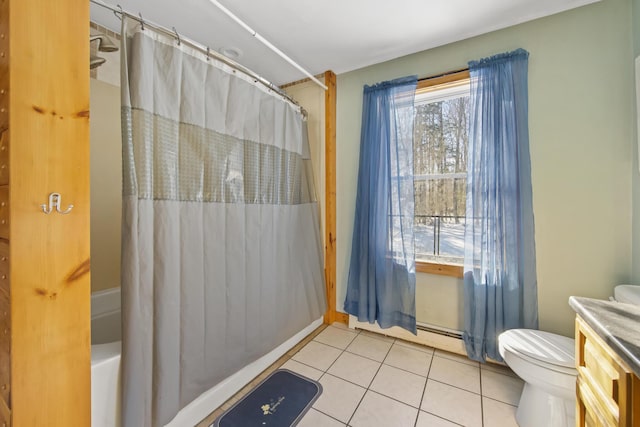 full bathroom with vanity, tile patterned floors, shower / bath combination with curtain, and toilet