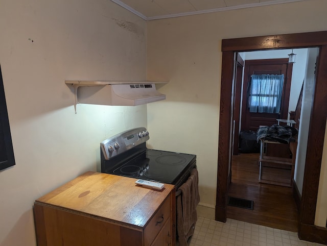 kitchen with electric stove, crown molding, and exhaust hood