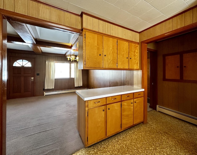 kitchen featuring a baseboard radiator, dark colored carpet, and wood walls