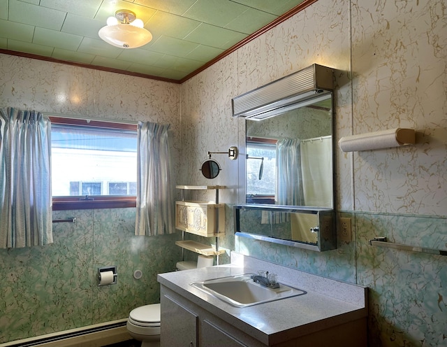 bathroom featuring ornamental molding, a healthy amount of sunlight, vanity, and baseboard heating