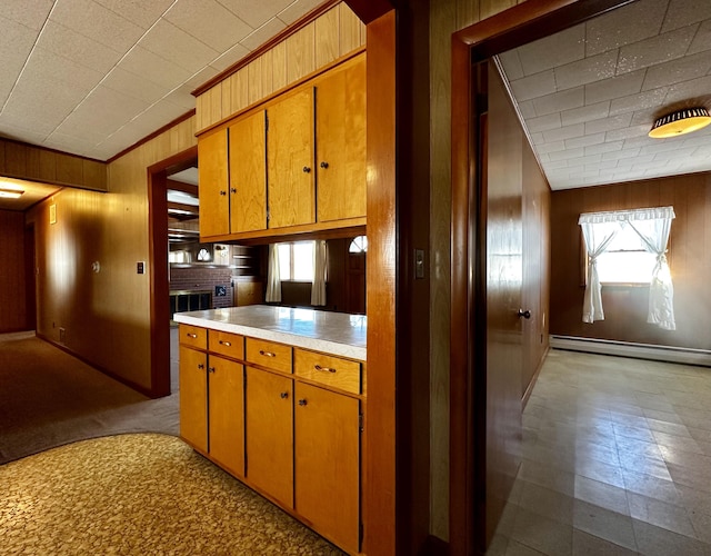 kitchen with ornamental molding, baseboard heating, and wood walls