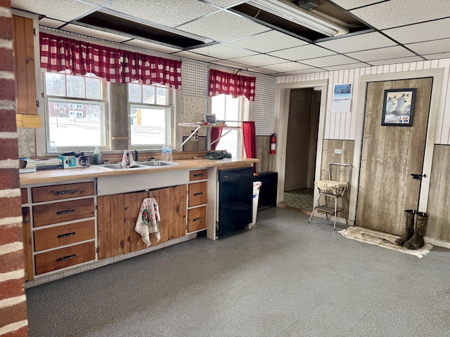 miscellaneous room with wooden walls, sink, and a drop ceiling