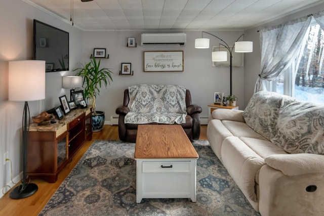 living room with wood-type flooring, a wall mounted air conditioner, crown molding, and a baseboard radiator