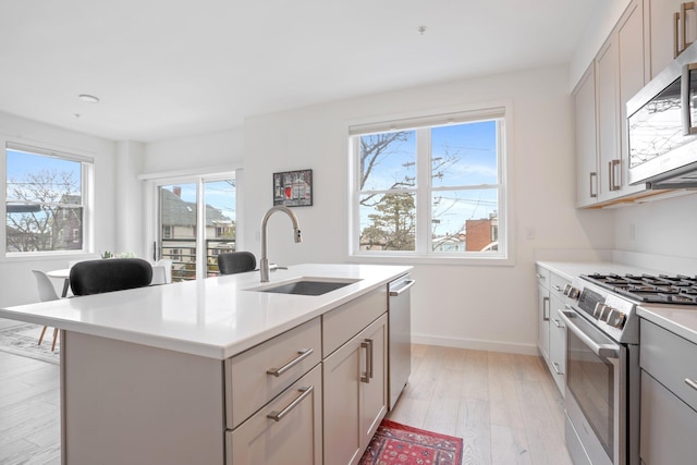 kitchen featuring baseboards, light wood-style flooring, stainless steel appliances, light countertops, and a sink