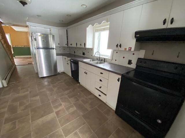 kitchen with sink, white cabinets, backsplash, baseboard heating, and black appliances