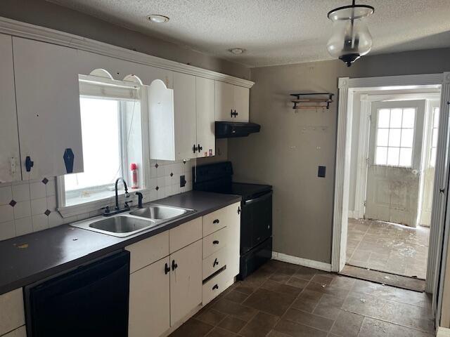 kitchen featuring black appliances, ventilation hood, sink, and white cabinets