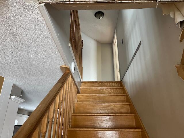 stairway with a textured ceiling