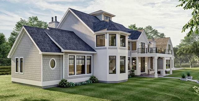 rear view of property with a balcony, a yard, and a patio area