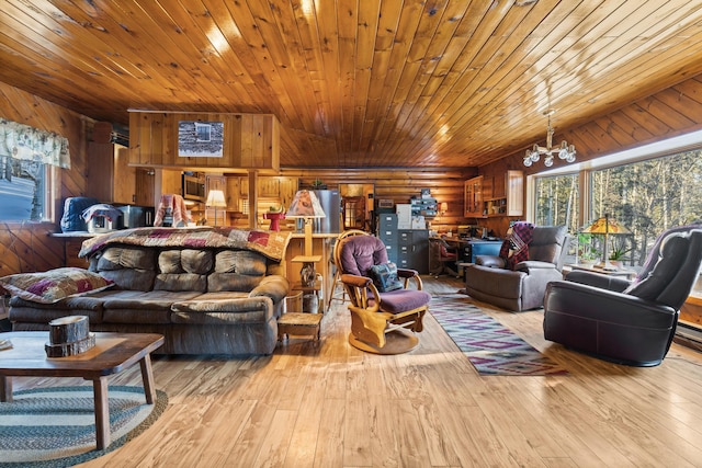 living room with wood walls, wooden ceiling, an inviting chandelier, and light hardwood / wood-style floors