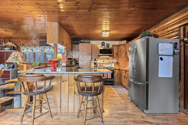 kitchen featuring wood ceiling, appliances with stainless steel finishes, a kitchen bar, and light hardwood / wood-style floors