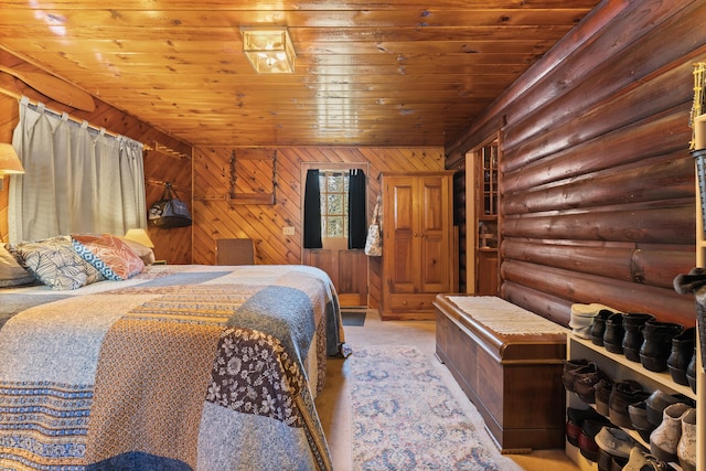 bedroom featuring log walls, light carpet, and wooden ceiling