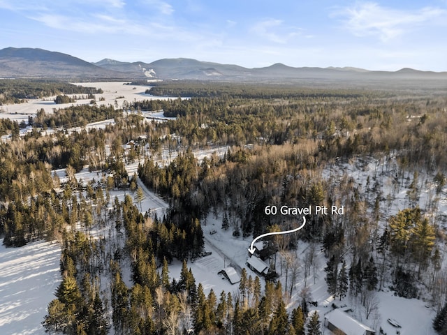 snowy aerial view featuring a mountain view