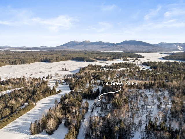 snowy aerial view featuring a mountain view