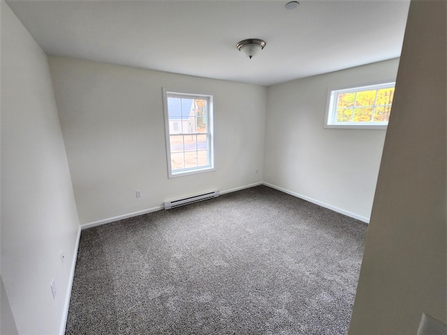 unfurnished room with baseboard heating and carpet floors