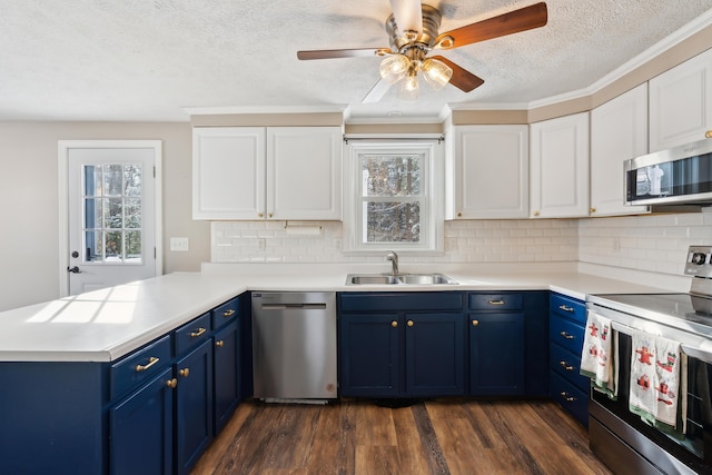 kitchen featuring sink, stainless steel appliances, white cabinets, and blue cabinetry