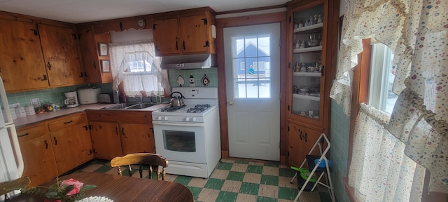 kitchen with tasteful backsplash, sink, and white gas stove