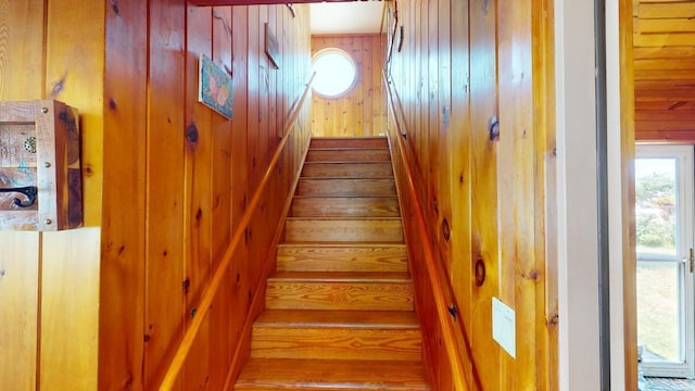 stairs with hardwood / wood-style floors and wooden walls