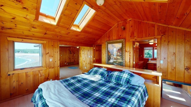 bedroom featuring wood ceiling, wooden walls, and vaulted ceiling