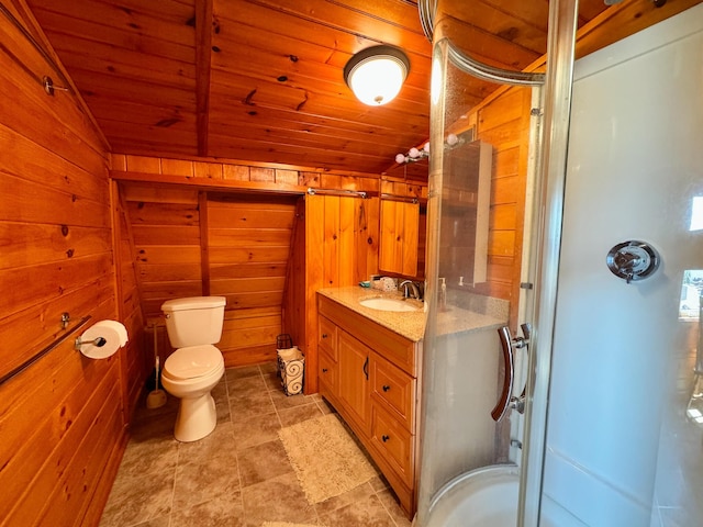 bathroom featuring lofted ceiling, wood ceiling, a shower with door, wooden walls, and vanity