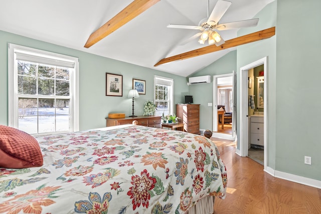 bedroom with baseboards, a wall unit AC, lofted ceiling with beams, ceiling fan, and wood finished floors