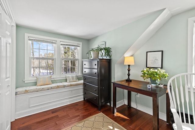 home office with dark wood-style flooring