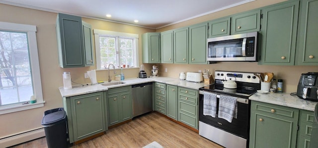 kitchen featuring appliances with stainless steel finishes, baseboard heating, and green cabinetry