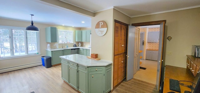 kitchen featuring a sink, green cabinets, stainless steel dishwasher, baseboard heating, and light wood finished floors