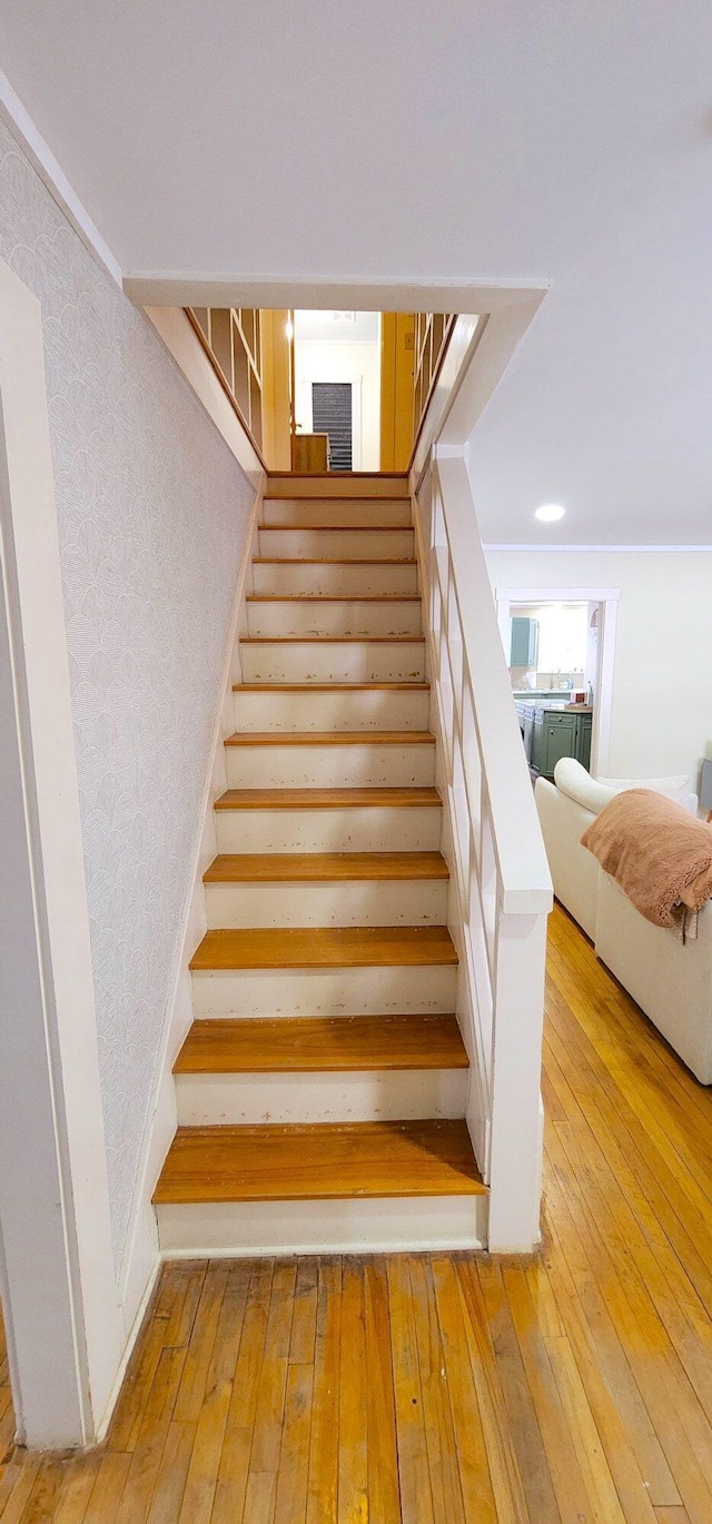 staircase with hardwood / wood-style flooring