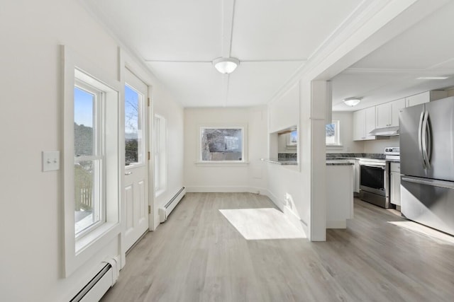 interior space featuring light wood finished floors, plenty of natural light, and baseboard heating