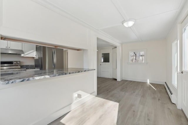 kitchen featuring stainless steel appliances, light wood-style flooring, a baseboard heating unit, light stone countertops, and under cabinet range hood