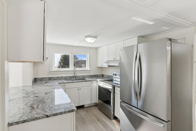 kitchen featuring stainless steel appliances, white cabinets, a sink, light stone countertops, and under cabinet range hood