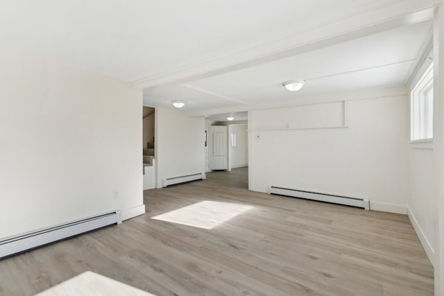 spare room with light wood-style floors, baseboards, a baseboard heating unit, and baseboard heating