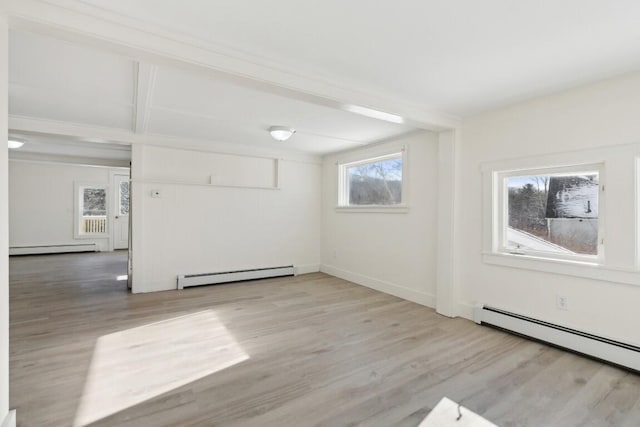 unfurnished room with light wood-style floors, a baseboard radiator, and beam ceiling