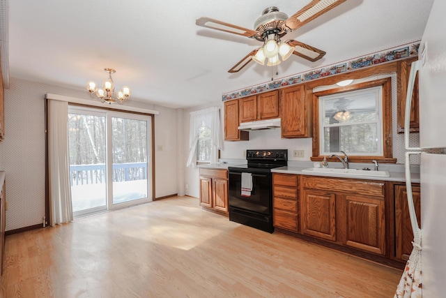 kitchen with brown cabinets, black range with electric stovetop, light countertops, under cabinet range hood, and a sink