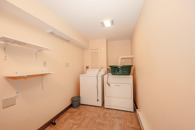 laundry room with baseboards, laundry area, a baseboard radiator, and washer and dryer