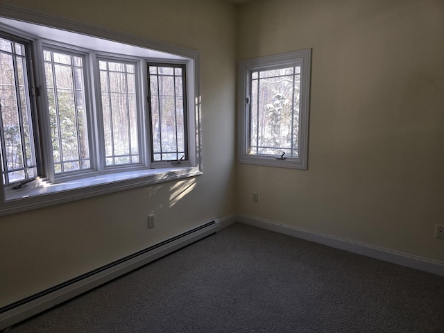 carpeted empty room with a baseboard radiator