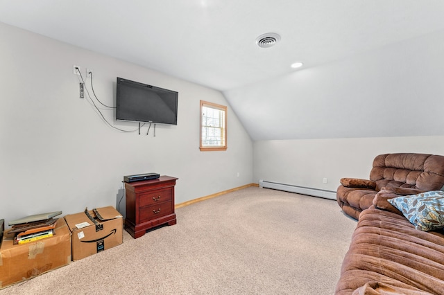 120 Bradbury Rd, Fort Kent, ME 04743 - carpeted living room featuring baseboard heating and vaulted ceiling