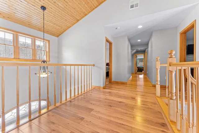 120 Bradbury Rd, Fort Kent, ME 04743 - corridor featuring wood ceiling, high vaulted ceiling, and light wood-type flooring