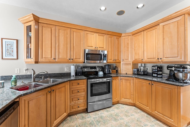 120 Bradbury Rd, Fort Kent, ME 04743 - kitchen featuring stainless steel appliances, sink, and dark stone counters